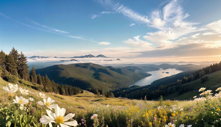 Panoramic view of the lake in the mountains. Summer landscape.の素材