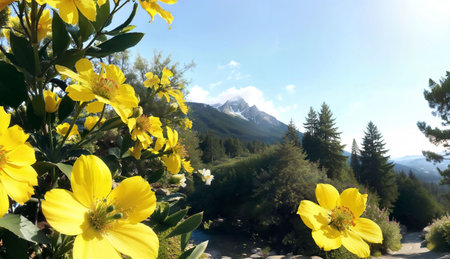 Beautiful blooming yellow flowers on the background of mountains and blue skyの素材