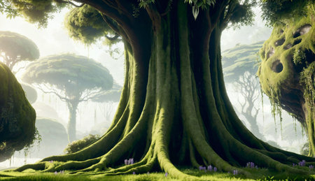 Fantasy landscape with big tree in the forest. 3d renderingの素材