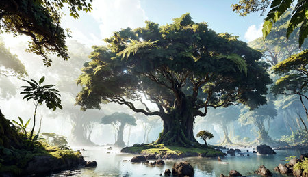 Beautiful landscape with a big old tree on the bank of the riverの素材