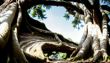 Old big tree with big roots in the park, nature background.の素材