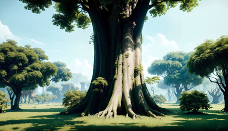 Beautiful big tree with green grass and sunlight in the park.の素材