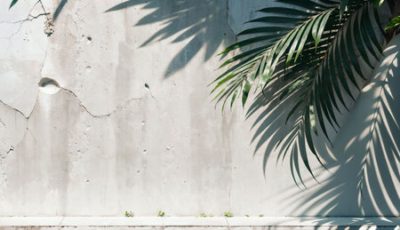 Green palm leaves and concrete wall background. Copy space for text.の素材