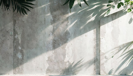 Concrete wall with shadow of palm leaf. Natural background texture.の素材