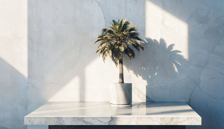 palm tree in vase on white marble table, stock photoの素材