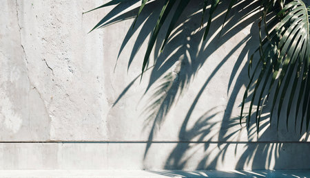 Shadow of palm leaf on concrete wall background. Copy space for text.の素材