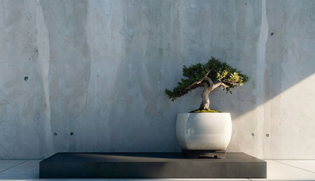 Bonsai tree in a pot on the concrete wall background.の素材