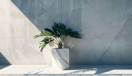 Green plant in a vase on a white marble wall background.の素材