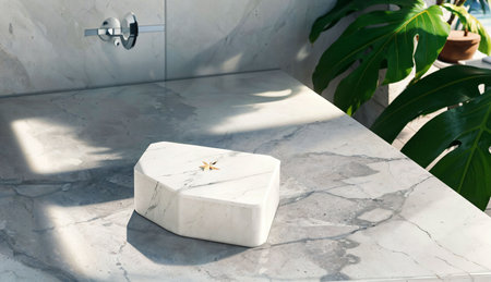 Luxury white marble bathroom countertop with faucet and plantの素材
