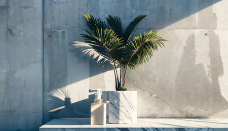 Coconut palm tree in a vase on a concrete wall backgroundの素材