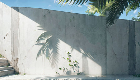 White concrete wall with shadow of palm tree and blue sky background.の素材