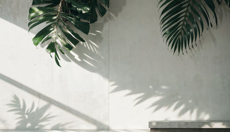 White concrete wall with shadow of palm leaves. Minimal style.の素材