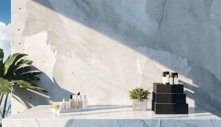 Minimalistic bathroom interior with white walls, concrete floor, black and wooden countertops with bottles of shampoo and conditioner. 3d renderingの素材