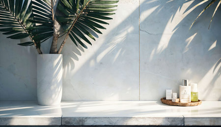 Cosmetic productsle countertop with palm leaf shadow on white wall.の素材