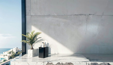 Luxury modern house with swimming pool, white walls, concrete floorの素材