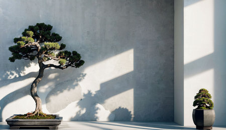 Bonsai tree in a pot on the background of the wallの素材