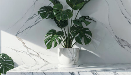 White marble table with monstera plant in potle wall backgroundの素材