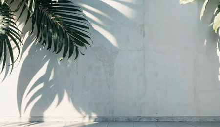 white wall with shadow of palm leaf on the cement floor, vintage toneの素材