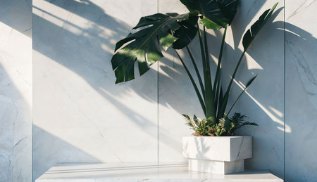 Tropical plant in pot on white marble table in modern roomの素材