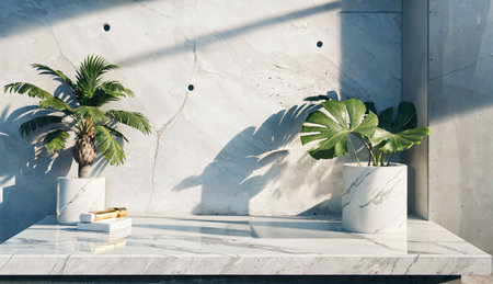White marble countertop with palm tree in a pot. 3d renderingの素材