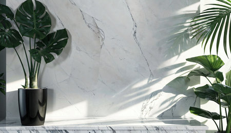 3d rendering, interior design modern bright room with white marble wall, concrete floor and green plantsの素材