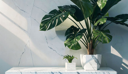 White marble table with monstera plant in pot. 3d renderingの素材