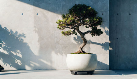 bonsai tree in white ceramic pot on concrete wall with shadow.の素材