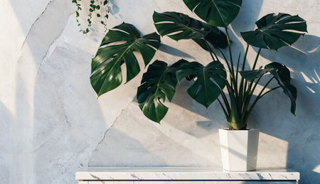 Tropical plant monstera in vase on white marble table.の素材