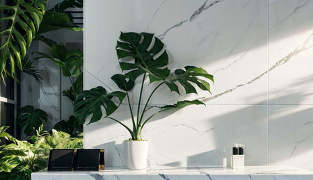 Interior design of luxury bathroom with white marble walls, tropical plants in pots and mirrorの素材