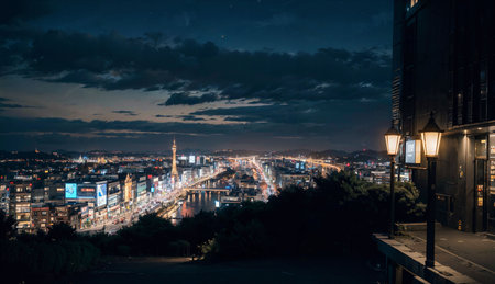 Panoramic view of the city of Istanbul at night, Turkeyの素材