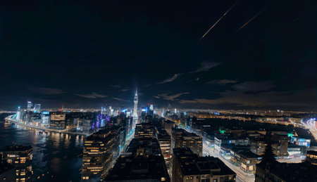 Panoramic view of the city of London at night, UKの素材