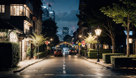 Night view of a street in downtown Los Angeles, California, USAの素材