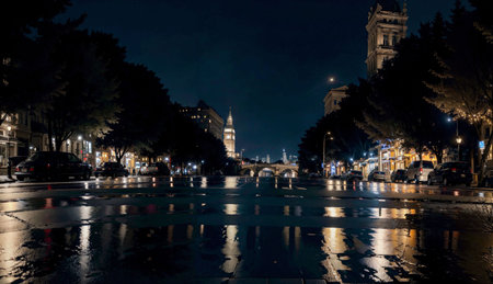 Night view of the street in Barcelona, Spainの素材