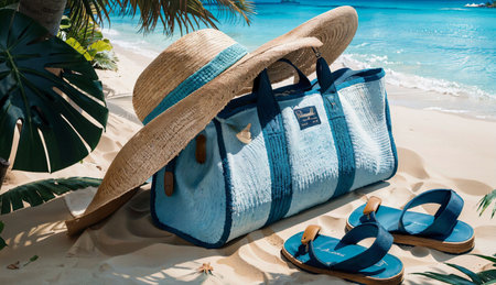 Beach bag with straw hat and flip flops on sandy beachの素材