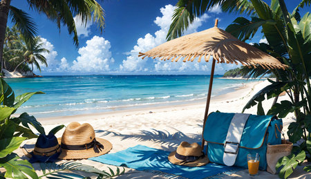 Beach chair, hat and blue bag on tropical sand beach.の素材