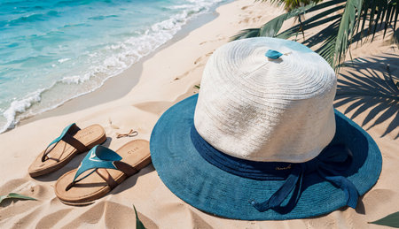 hat and flip flops on the sandy beach with turquoise seaの素材