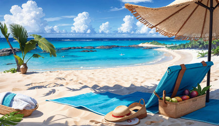 Beach with straw hat, blue blanket, sunshade and fresh fruitsの素材