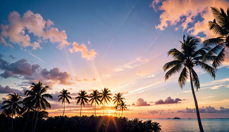 Palm trees silhouettes on a tropical beach at sunset, Dominican Republicの素材