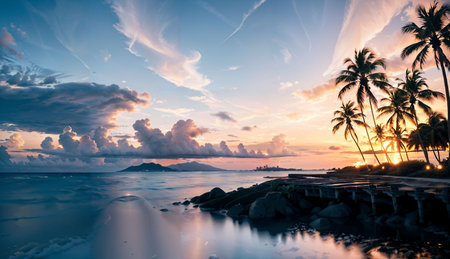 Tropical beach with palm trees at sunset, Seychellesの素材