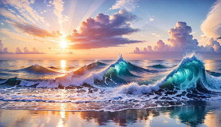 Sea wave on the beach at sunset time. Beautiful nature background.の素材