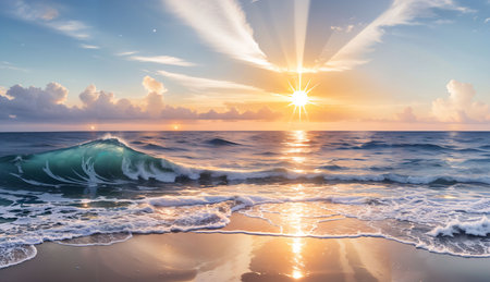 Beautiful seascape with waves on the beach at sunset.の素材