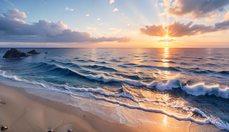 Beautiful seascape with sunrise in the sky over the seaの素材