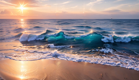 Beautiful sunset at the beach with turquoise water and wavesの素材