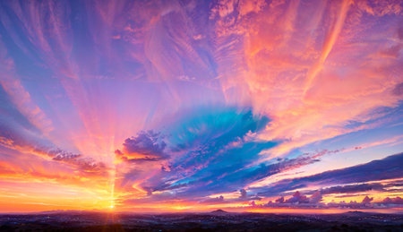 Colorful sunset over the mountains. Dramatic cloudscape. Toned.の素材