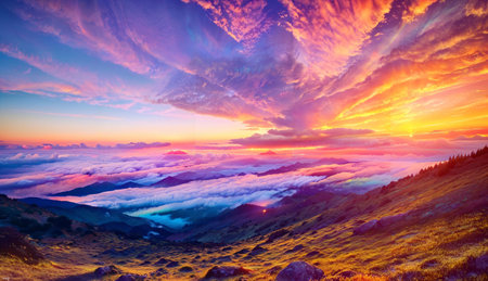 Colorful summer sunrise in the mountains. Dramatic scene. Carpathian, Ukraine, Europe. Beauty world.の素材