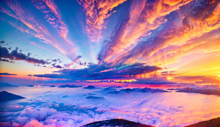 Fantastic sunrise over the clouds in the mountains. Colorful skyの素材
