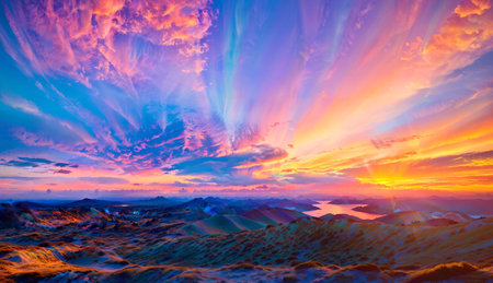 Sunset in the desert. Colorful sky and clouds. Landscape.の素材