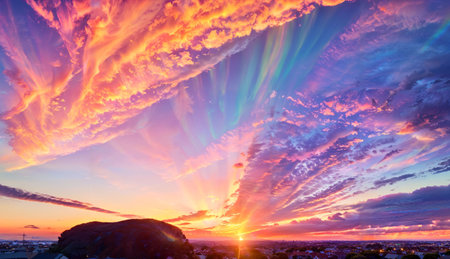 Aurora borealis or aurora borealis over the city at sunsetの素材