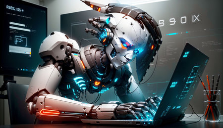 3d rendering robot working with laptop in dark room, future technology conceptの素材