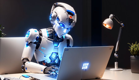 Robot working on a laptop at night. 3D rendering.の素材